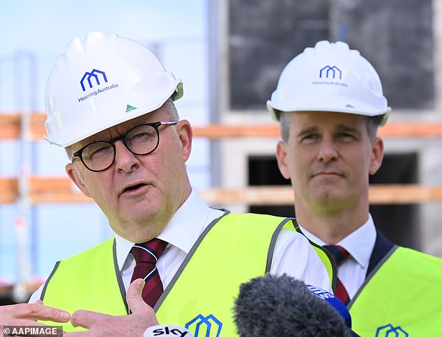 Australian Prime Minister Anthony Albanese (left) and Labor Member for Parramatta Andrew Charlton (right) during a visit to a housing project in the Sydney suburb of Westmead on Tuesday