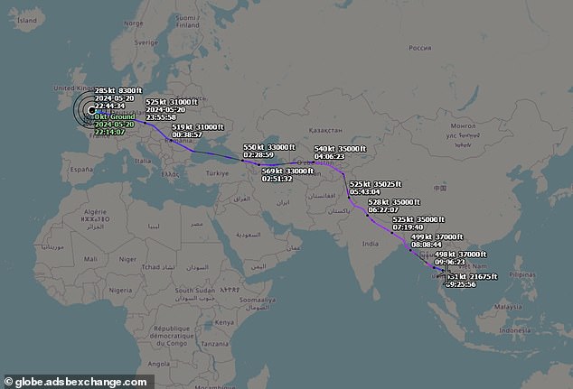 This flight tracker showed the plane's route from London before diverting to Bangkok's Suvarnabhumi International Airport