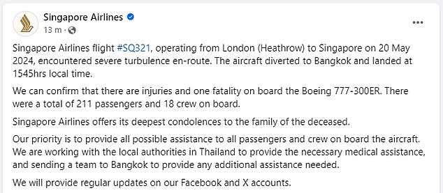 In a statement on Facebook (photo), Singapore Airlines confirmed the emergency landing