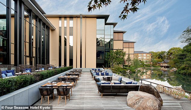 The indoor, upstairs and outdoor dining space at the Emba Kyoto Chophouse, overlooking the lake