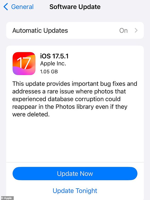 The update, called iOS 17.5.1, was quietly released by Apple and, according to the tech giant, also contains 'important bug fixes'