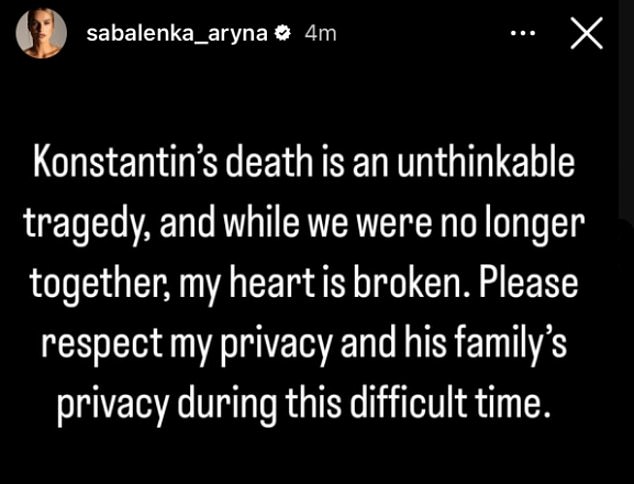 Sabalenka revealed in March that their relationship had already ended, declaring her 'heart broken' after the 'unthinkable tragedy'