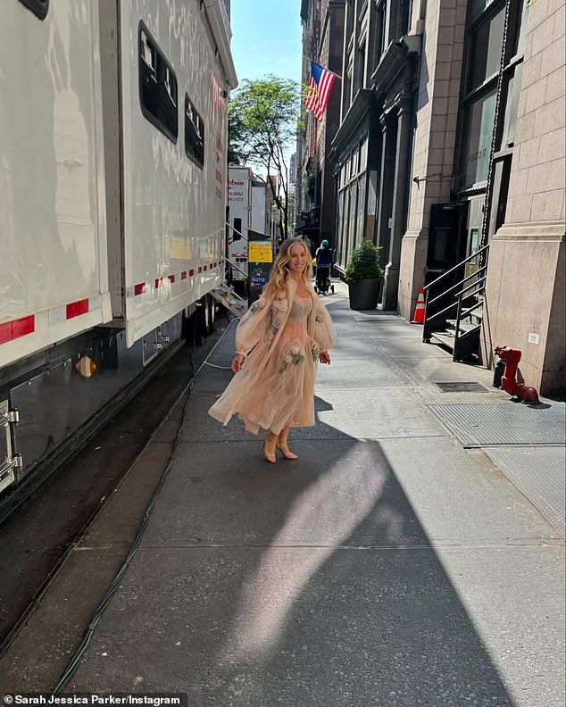 In addition to a recording, the performer uploaded an image of herself sitting on a narrow staircase on the stairs outside a trailer while reading something on her phone