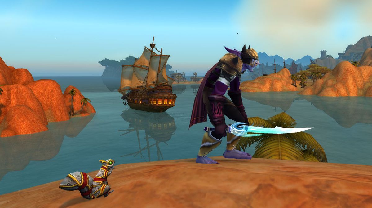 A troll character holds a sickly looking ghostly sword in World of Warcraft.  Next to him is a cute mechanical squirrel.