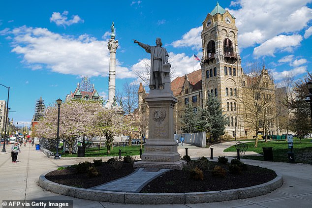 This general view shows a statue of Christopher Columbus at Lackawanna County Courthouse Square in Scranton