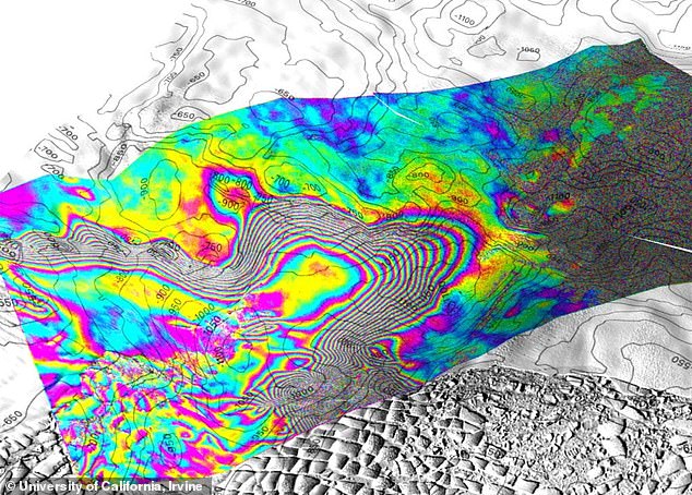 The team used satellites and radar technology to monitor changes in surface elevation and found that the water had lifted parts of the glacier about seven miles.  The satellite images (photo) captured the warm seawater flowing under the glacier as an incoming and outgoing tide