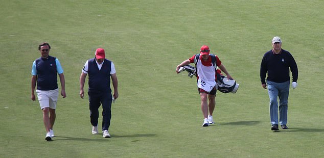 Prince Andrew was seen strolling across the immaculately manicured grass of Stuart Castle earlier today