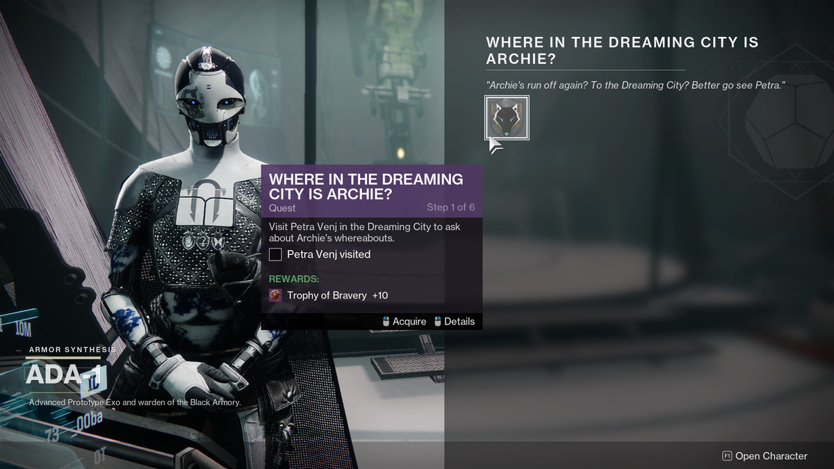 Start the quest 'Where in the Dreaming City is Archie' in Destiny 2