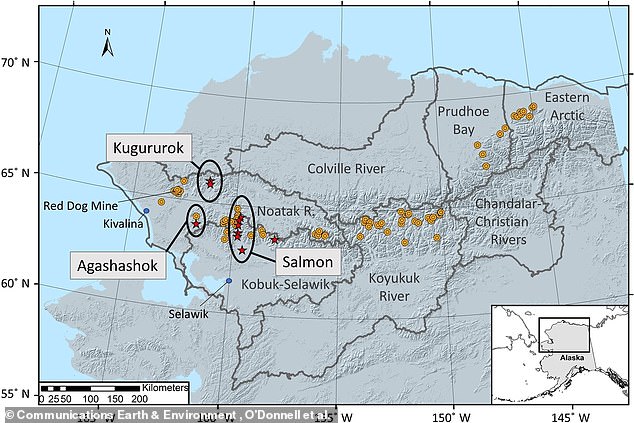 According to the study, published Monday in the journal Communications Earth & Environment, the damage to the 'orange river' spans more than 1,000 kilometers.  Above is a map from the study with the documented locations in orange