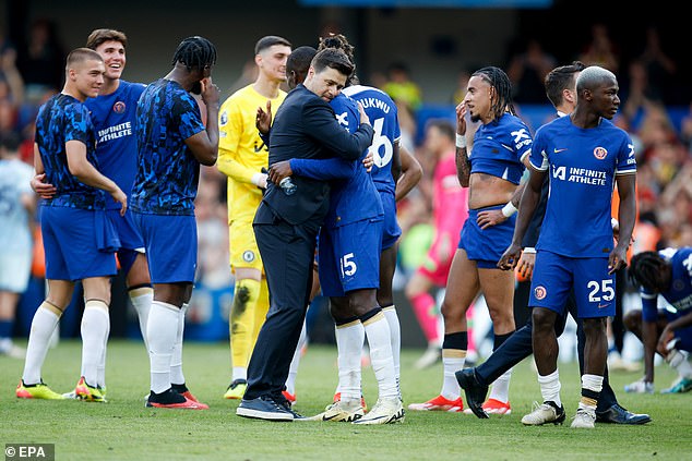 Pochettino (centre) led a revival at Chelsea towards the end of the season, after a turbulent start to the season