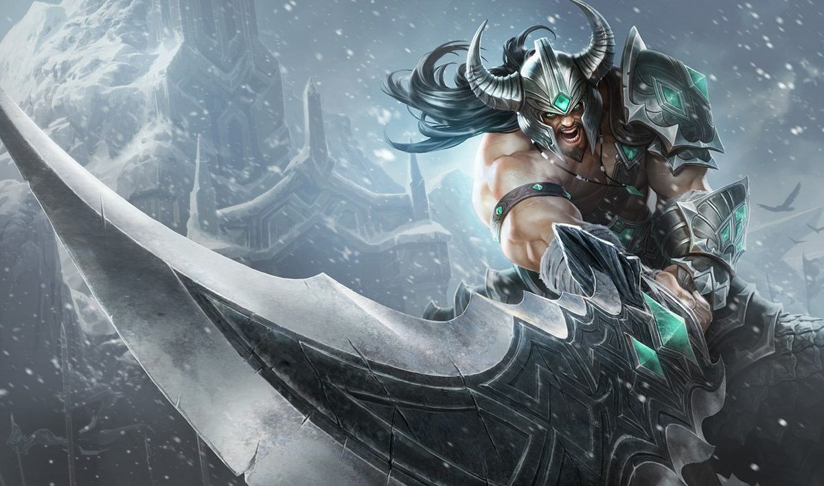 Tryndamere, the eponymous champion of co-founder Marc Merrill.  He is dressed like a Viking and waves his sword at the camera with an angry look on his face