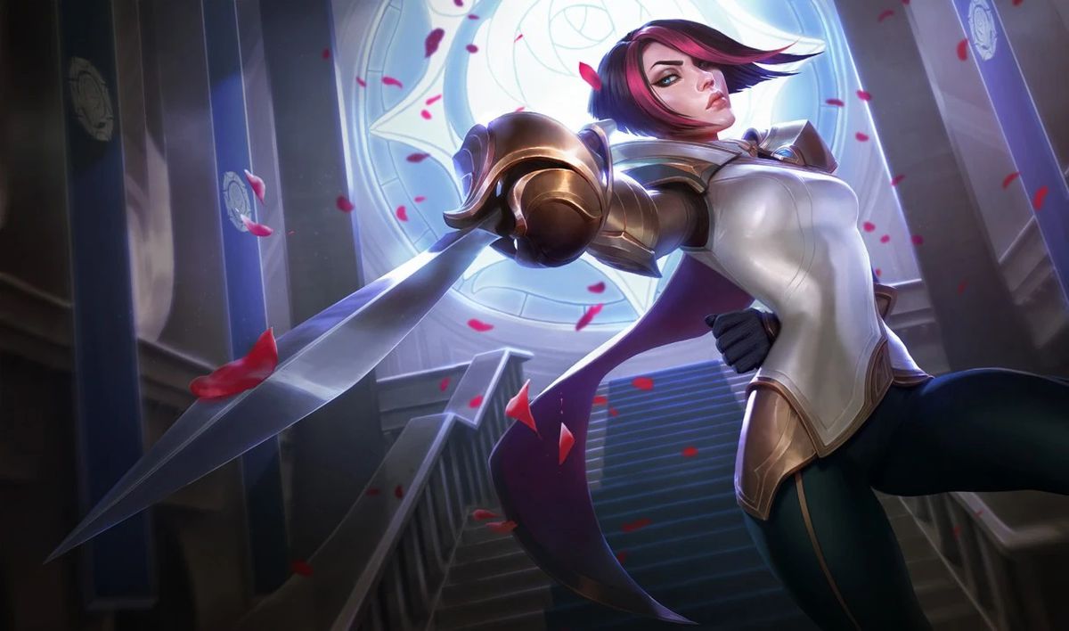 Fiora, the fencing duelist from League of Legends, holds her sword in one hand, with her other arm behind her back in her splash art