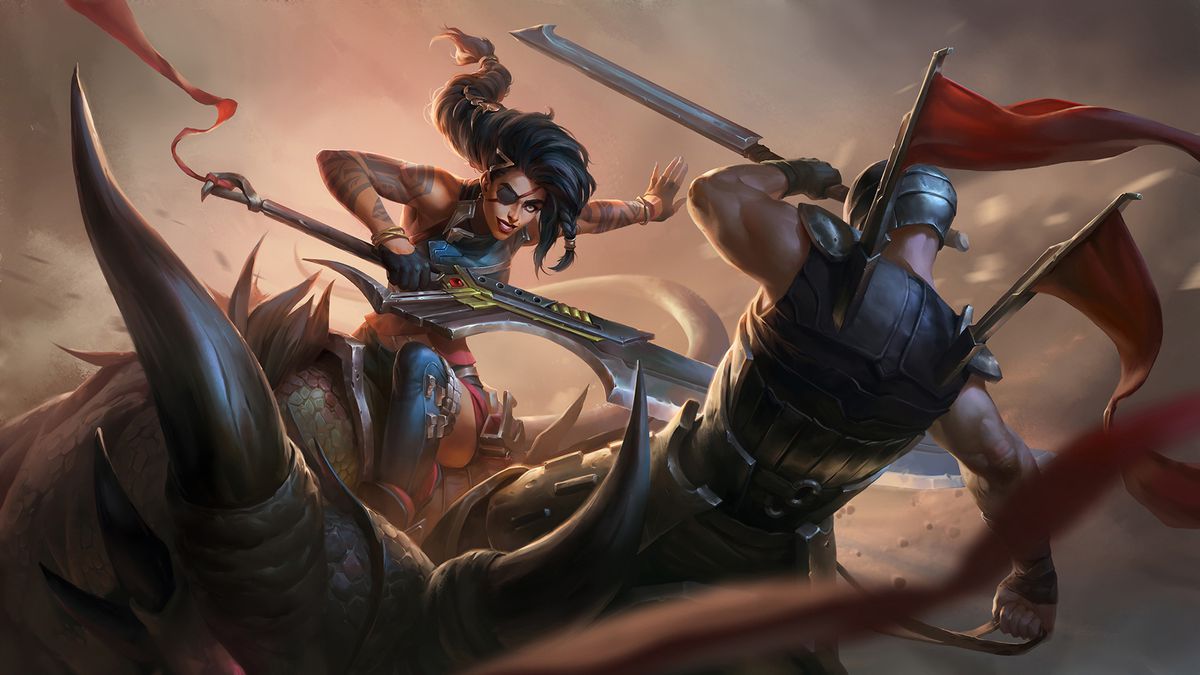 Samira, the Desert Rose, attacks a Noxian warrior with her blade.  As she does this, she looks at the camera, one eye covered by a black eye patch