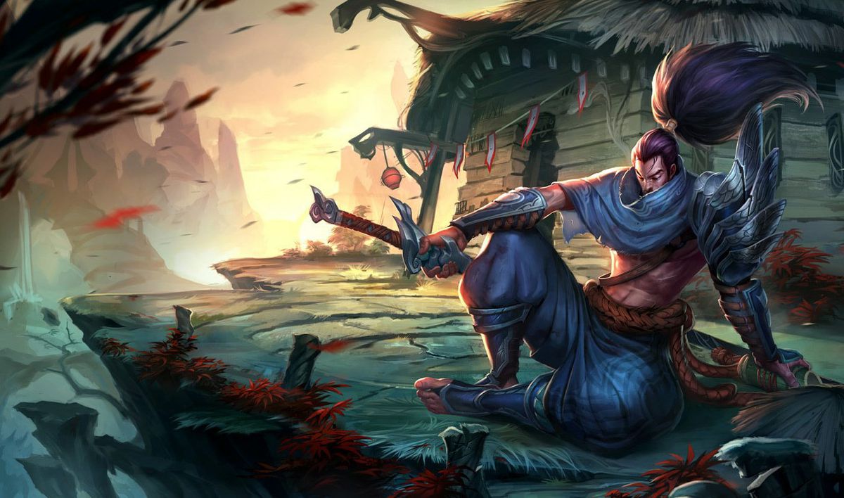 League of Legends Champion Yasuo sits on the ground with his sword sheathed as the wind blows fiercely around him