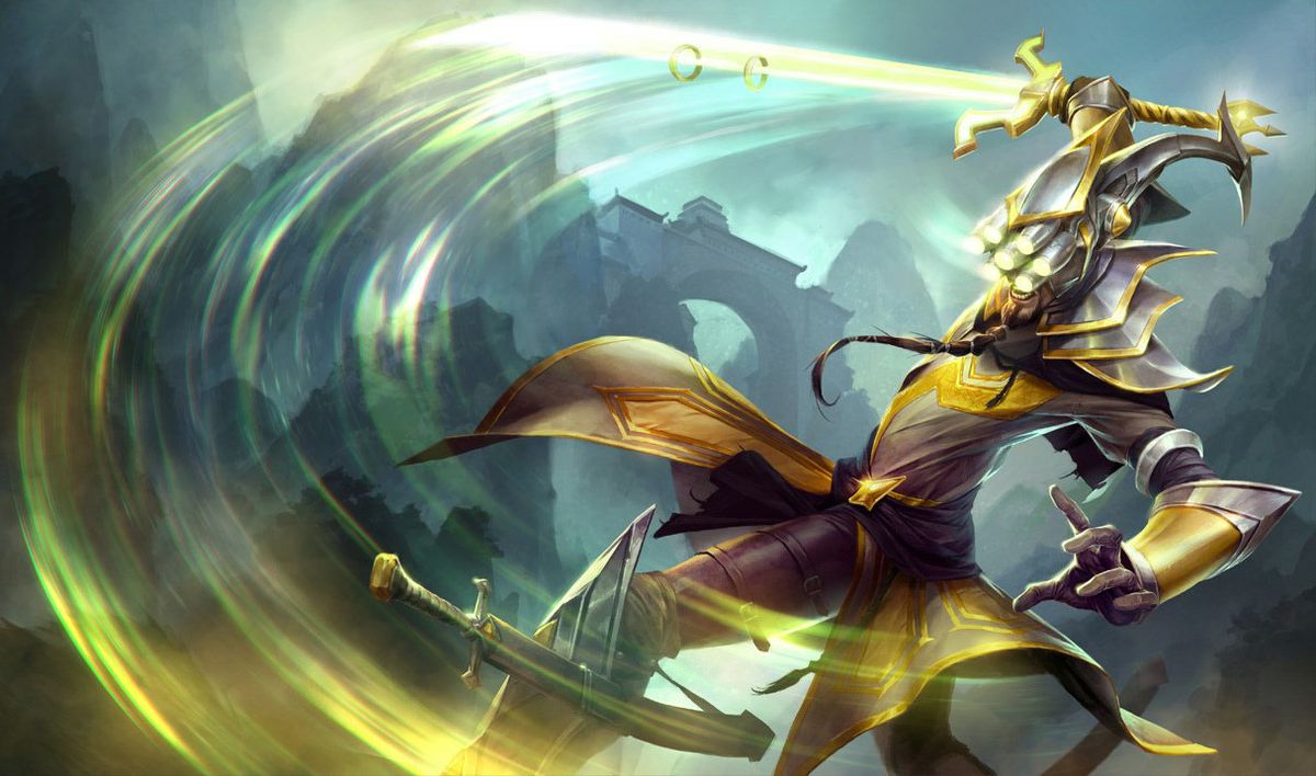 League of Legends Champion Master Yi quickly swings his sword, leaving a trail of the air it passed through