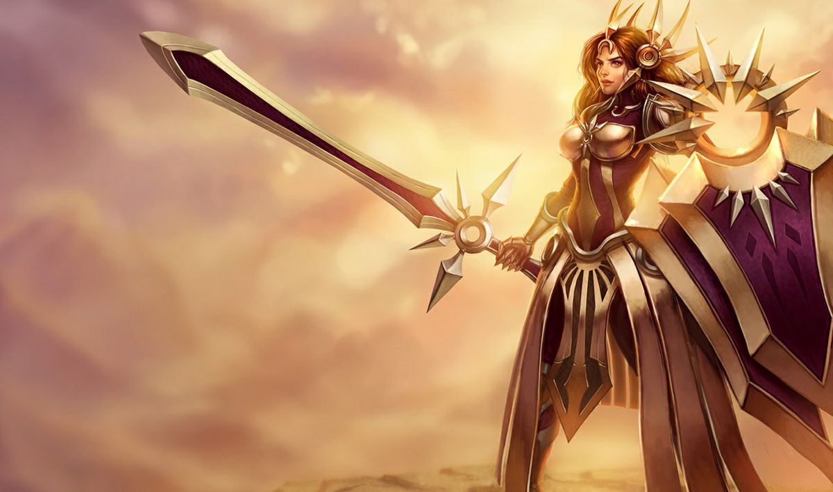 League of Legends Champion Leona holds her giant sun sword and her giant sun shield while wearing a giant sun armor as the sun shines behind her