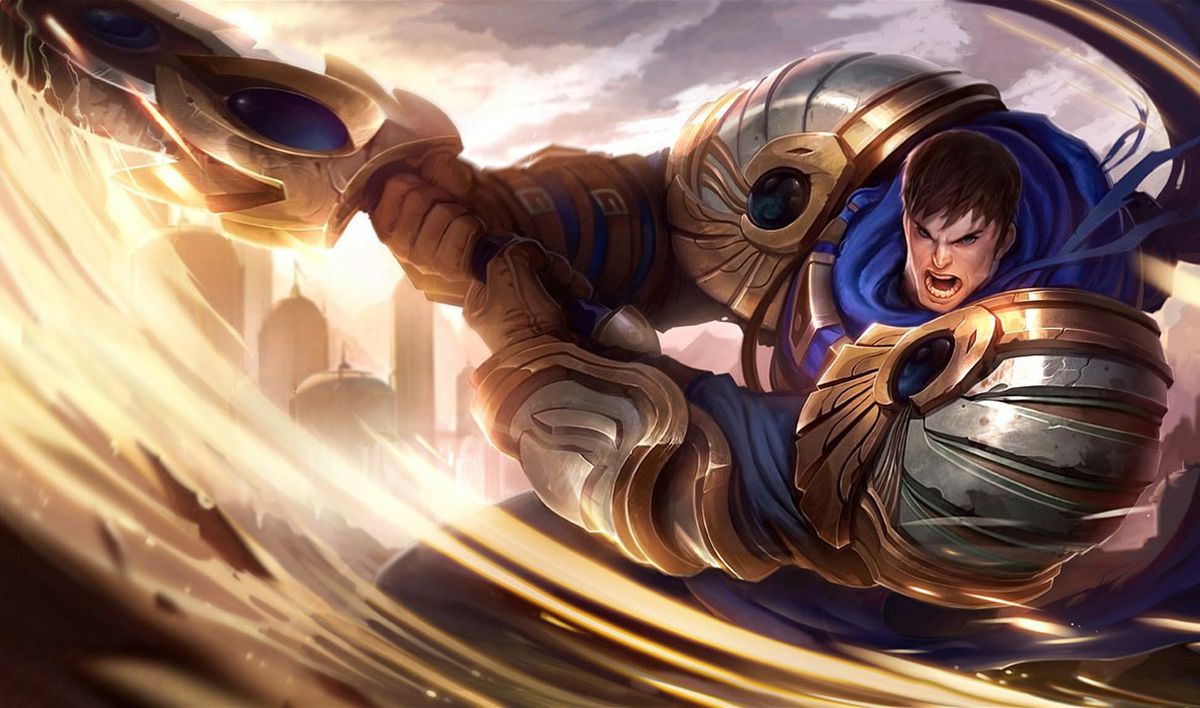 League of Legends champion Garen, clad in colossal armor, brandishes his great sword