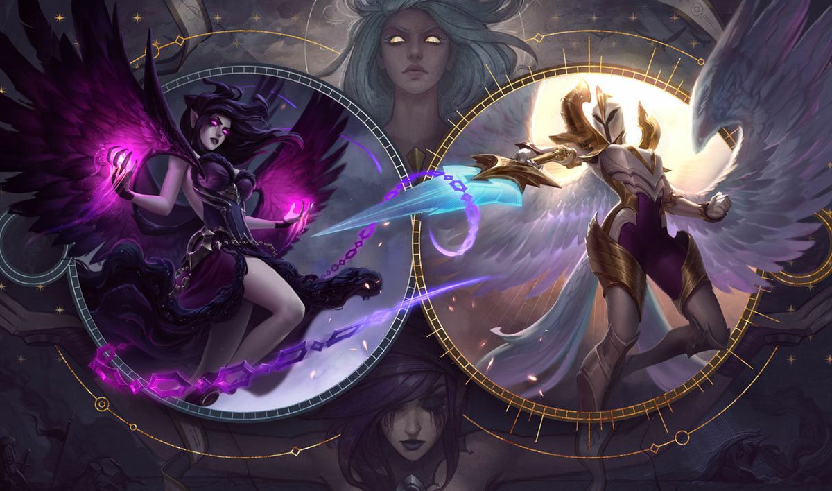 Sisterly splash art for Kayle and Morgana, with Kayle on the right, in League of Legends.  Kayle wears full armor and brandishes a blue sword;  she also has white angel wings stretched out behind her.  Morgana is dressed in a purple corset and skirt, with her purple wings also extended behind her