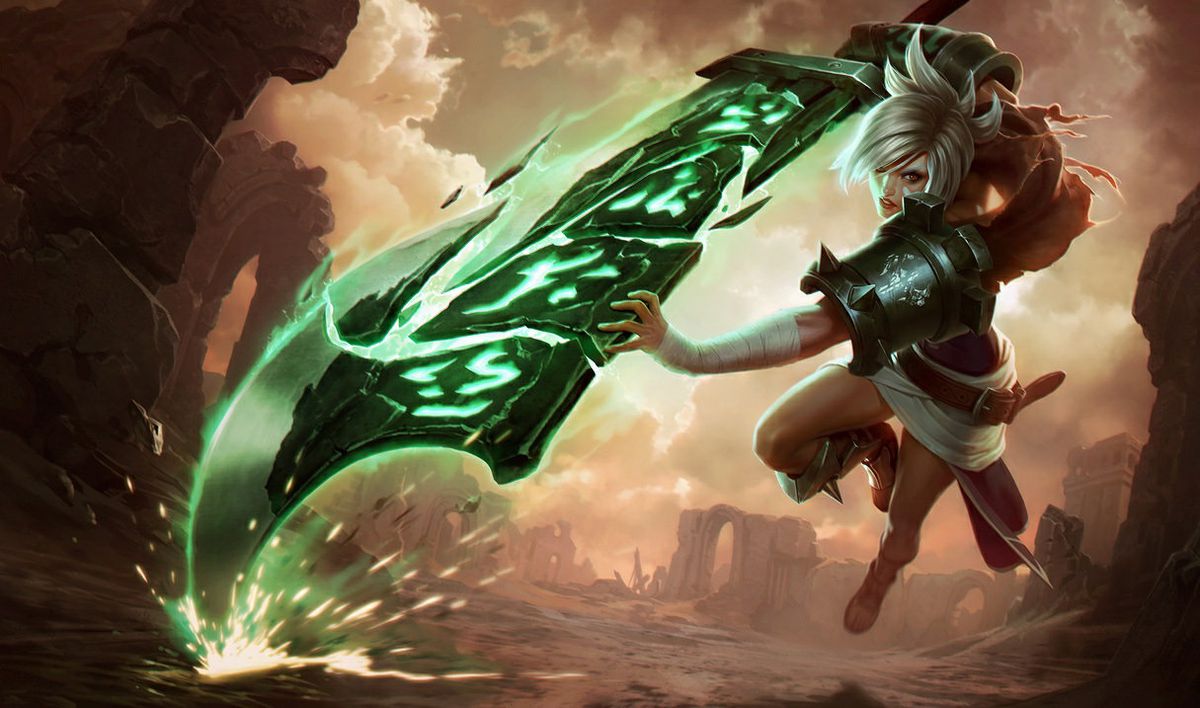 Riven and her giant green sword emerge in League of Legends