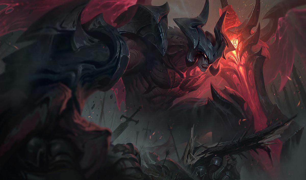 Aatrox, a demonic-looking figure with curved horns, gritted teeth, and black and red flesh, holds a giant red sword and charges forward through battle.