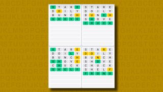 Quordle daily set answers for game 849 on a yellow background