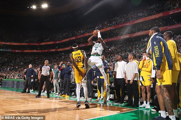 Brown hit a devastating three from the corner that hit Pascal Siakam right in the face to tie the score at 117