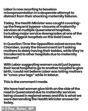 Ms Bates said her comment was linked to Queensland's maternity crisis