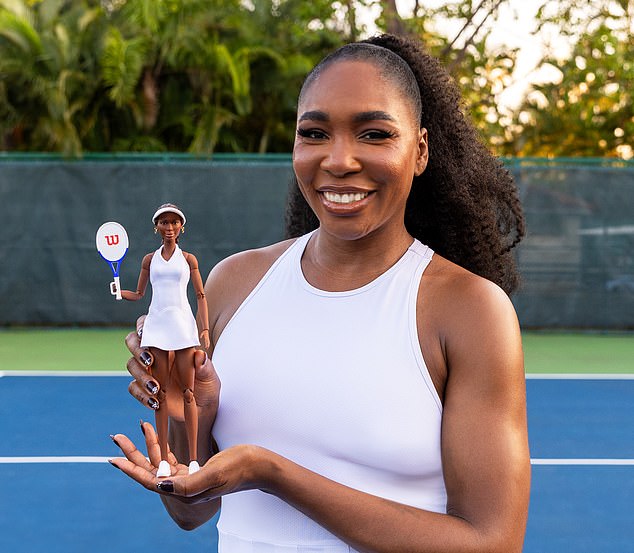 Williams' doll features the tennis star wearing a white terry halter dress, a white visor and white lace-up trainers - as well as some statement gold earrings