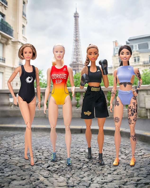 The new range of sporty Barbie dolls includes (L-R) Italian swimmer Federica Pellegrini, Spanish paratriathlete Susana Rodriguez, French boxer Estelle Mossely and Polish sprinter Ewa Swoboda