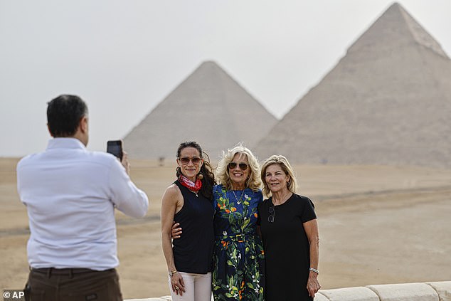 First Lady Jill Biden, center, her daughter Ashley Biden, left, and her sister Bonny Jacobs visit the Pyramids of Giza, near Cairo