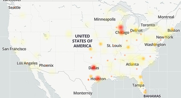 DownDetector, a website that monitors online outages, shows that customers in Chicago, Dallas, Phoenix and other major cities are experiencing problems.  However, AT&T told DailyMail.com that only customers in Virginia and North Carolina were affected by defective cell towers