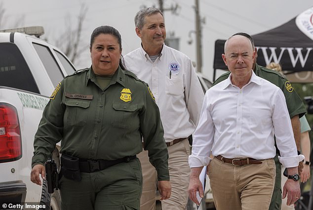 Gloria Chavez, U.S. Border Patrol Rio Grande Valley Sector Chief (left) and DHS Sec.  Alejandro Mayorkas (right) arrives at a press conference in Brownsville, Texas on May 5, 2023