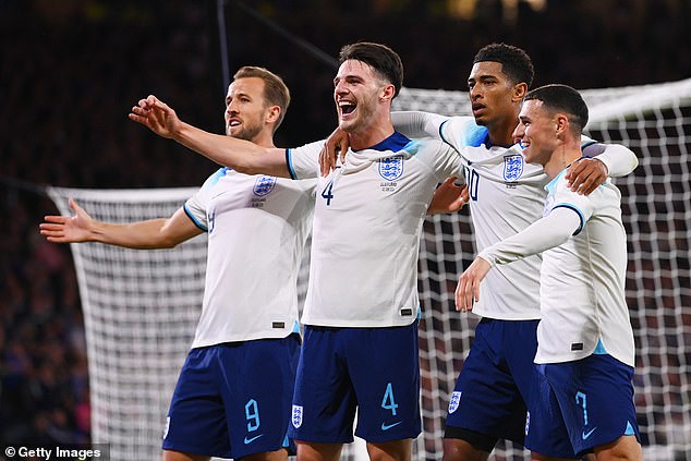The England squad is packed with attacking talent, including Harry Kane (left), Jude Bellingham (second right) and Phil Foden (right), while Declan Rice (second left) is essential in midfield