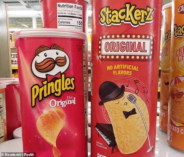 Aldi is known for selling various imitation products at significantly lower prices.  In the photo, Pringles on the left and the Aldi imitation product on the right