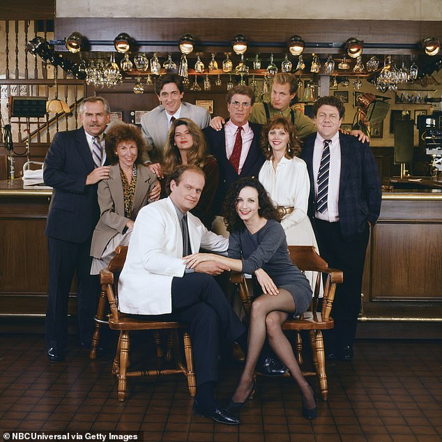 Cheers to this!  Pictured: (l-r) John Ratzenberger as Cliff Clavin, Rhea Perlman as Carla LeBec, Roger Rees as Robin Colcord, Kirstie Alley as Rebecca Howe, Kelsey as Dr Crane, Ted Danson as Sam Malone, Bebe as Dr.  Lilith Sternin-Crane, Shelley As Long as Diane Chambers, Woody Harrelson as Woody Boyd, George Wendt as Norm Peterson