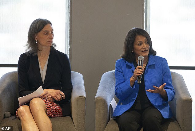 Maxine Dexter (left) and Susheela Jayapal (right) participate in a debate on April 11, 2024