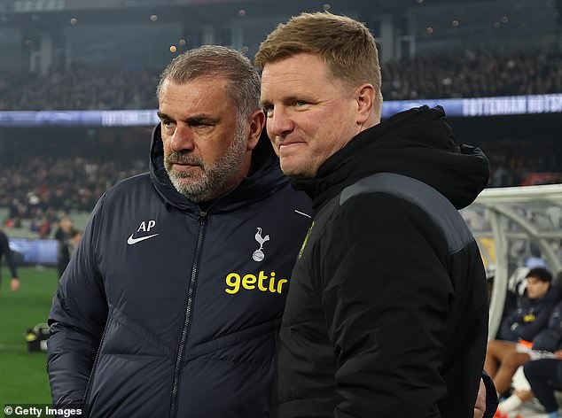 Eddie Howe (right, with Ange Postecoglou) allayed fears that the defender had suffered a setback