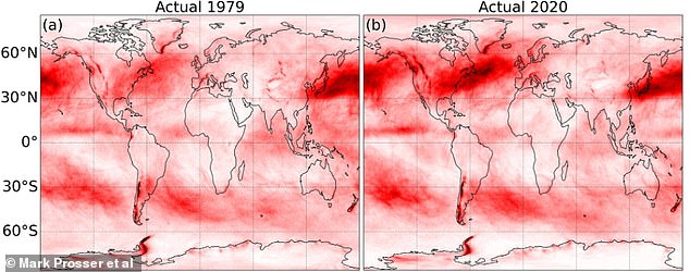 Researchers from the University of Reading found that severe turbulence has increased by percent over the past four decades.  Shown: the annual average probability of encountering moderate or greater clear-sky turbulence (CAT) in (a) the year 1979 and (b) the year 2020 (dark red areas indicate a higher probability)
