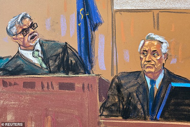 After the defense called their star witness, former Cohen legal counsel Robert Costello (above, right in sketch), Judge Merchan issued ruling after ruling denying Costello the ability to speak — inexplicably dismissing his testimony as hearsay and irrelevant.