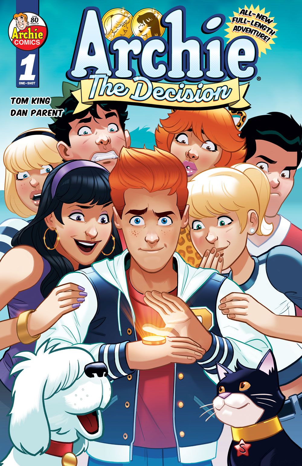 A cover of Archie: The Decision with Archie's friends standing around him as he waits to flip a coin
