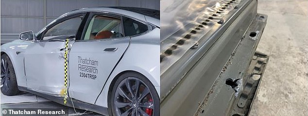 Thatcham Research has shown the impact of a mild impact on a Tesla and the damage it can cause to the battery casing, which will then need to be repaired or replaced