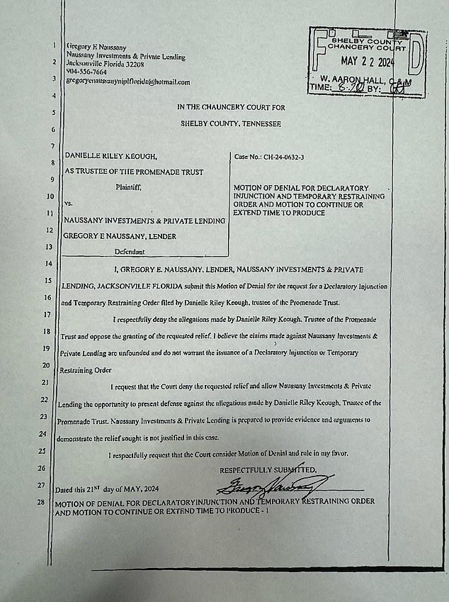 The one-page fax, signed by Gregory E. Naussany and received by the court today, stated: 