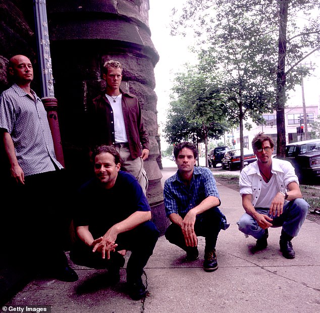 Train, left to right, Jimmy Stafford, Rob Hotchkiss, Scott Underwood, Patrick Monahan, Charlie Colin, in Chicago, Illinois, July 3, 1998