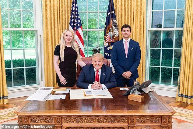 Tiffany Trump and Michael Boulos with President Donald Trump in the Oval Office