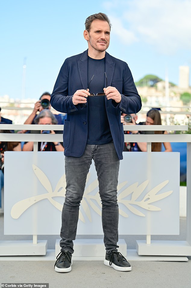 Dillon wore a dark blazer with a black shirt and gray jeans as he attended the photo call for Being Maria at Palais des Festivals