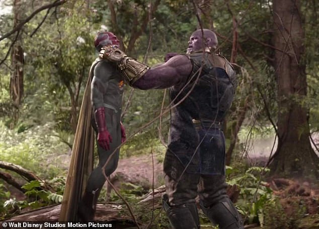 Vision was then killed by Thanos (R, Josh Brolin) in the Russo Brothers' 2018 film Avengers: Infinity War so he could retrieve the Mind Stone for his Infinity Gauntlet, allowing him to snap his fingers and save half of everything life in the world could disintegrate.  universe