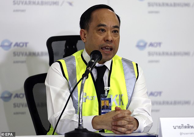 Suvarnabhumi Airport General Manager Kittipong Kittikachorn addresses the media during a press conference after the London to Singapore flight was diverted