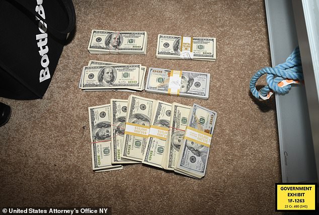 The photos of $100, $50 and $20 cash all over the New Jersey Democrat's home were shown to the jury during his ongoing criminal trial in Manhattan.