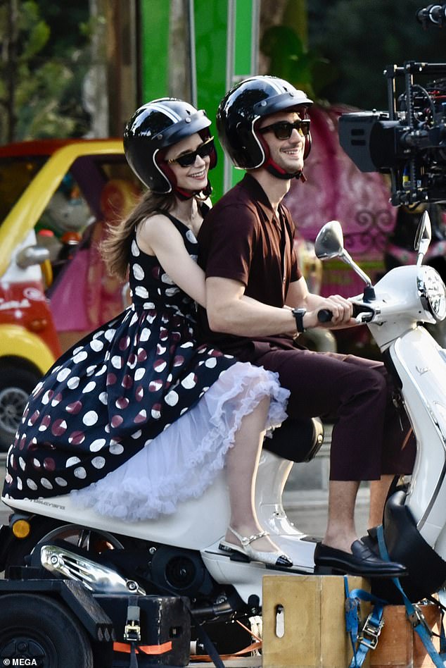 It comes after Lily and Eugenio Franceschini looked cozy as they were spotted riding a Vespa at Villa Borghese in Rome as they continued filming Emily In Paris last week.