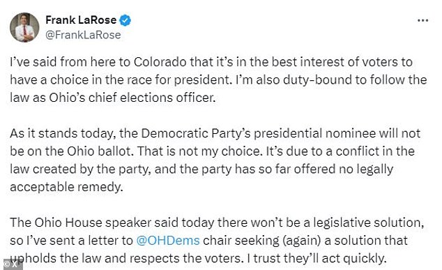 LaRose warned that Biden risks not participating in the presidential election if immediate action is not taken, and said the Democratic party has so far not offered a legally acceptable solution.